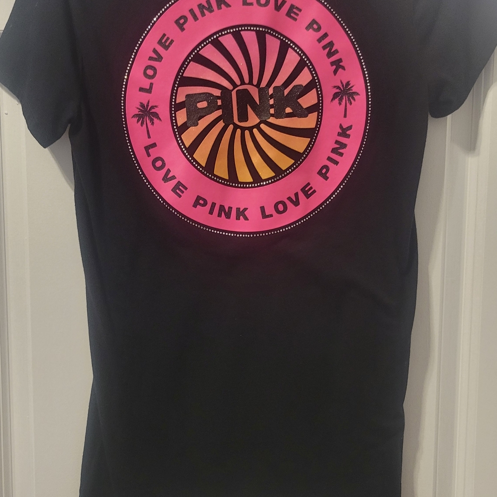 PINK Victoria's Secret Black and Pink Short Sleeve Tee